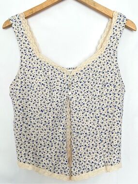 Babydoll Floral Cami Lace Trim Linen Blend Sweetheart Neck Cottage Size Large